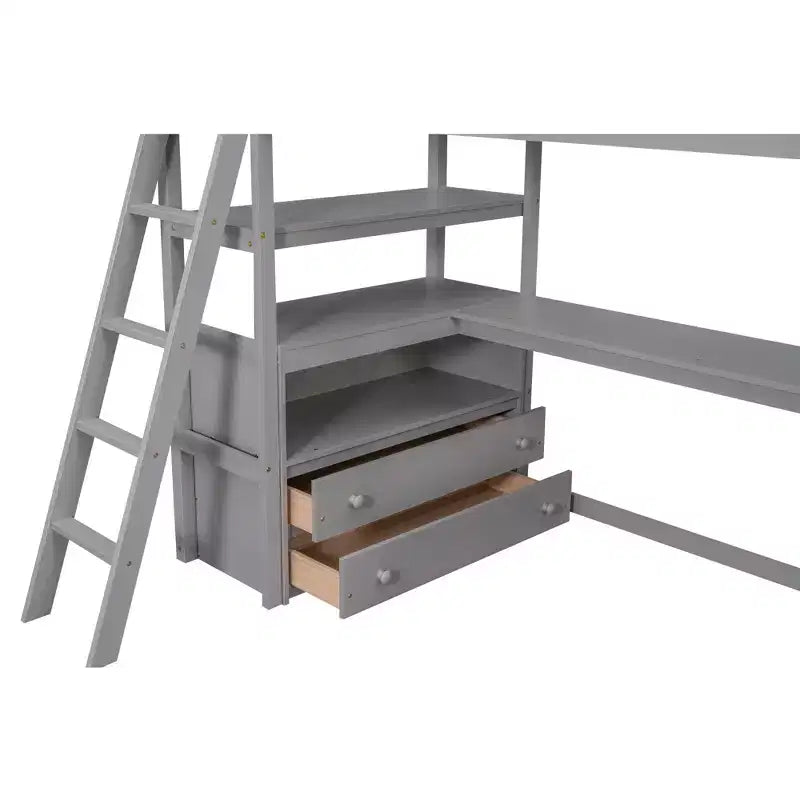 Lit mezzanine double/grand format avec bureau et étagères, cadre de lit mezzanine en pin avec deux tiroirs intégrés
