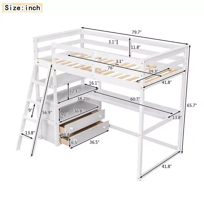Lit mezzanine double/grand format avec bureau et étagères, cadre de lit mezzanine en pin avec deux tiroirs intégrés