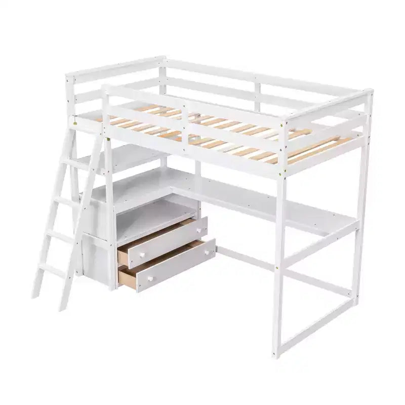Lit mezzanine double/grand format avec bureau et étagères, cadre de lit mezzanine en pin avec deux tiroirs intégrés