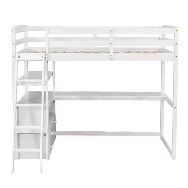 Lit mezzanine double/grand format avec bureau et étagères, cadre de lit mezzanine en pin avec deux tiroirs intégrés