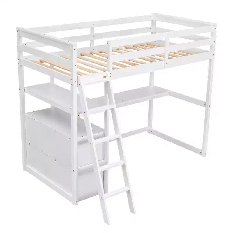 Lit mezzanine double/grand format avec bureau et étagères, cadre de lit mezzanine en pin avec deux tiroirs intégrés