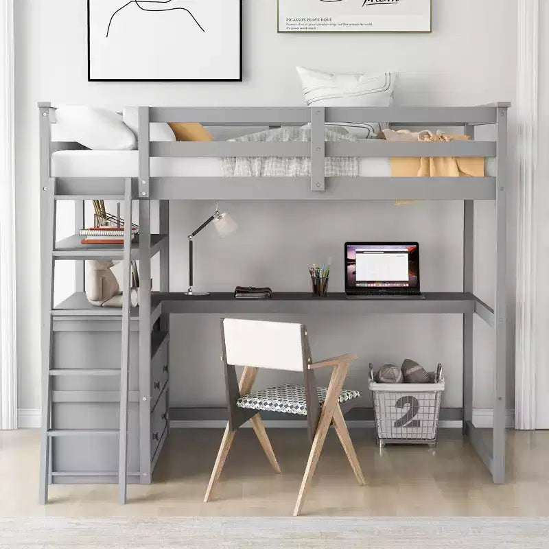 Lit mezzanine double/grand format avec bureau et étagères, cadre de lit mezzanine en pin avec deux tiroirs intégrés