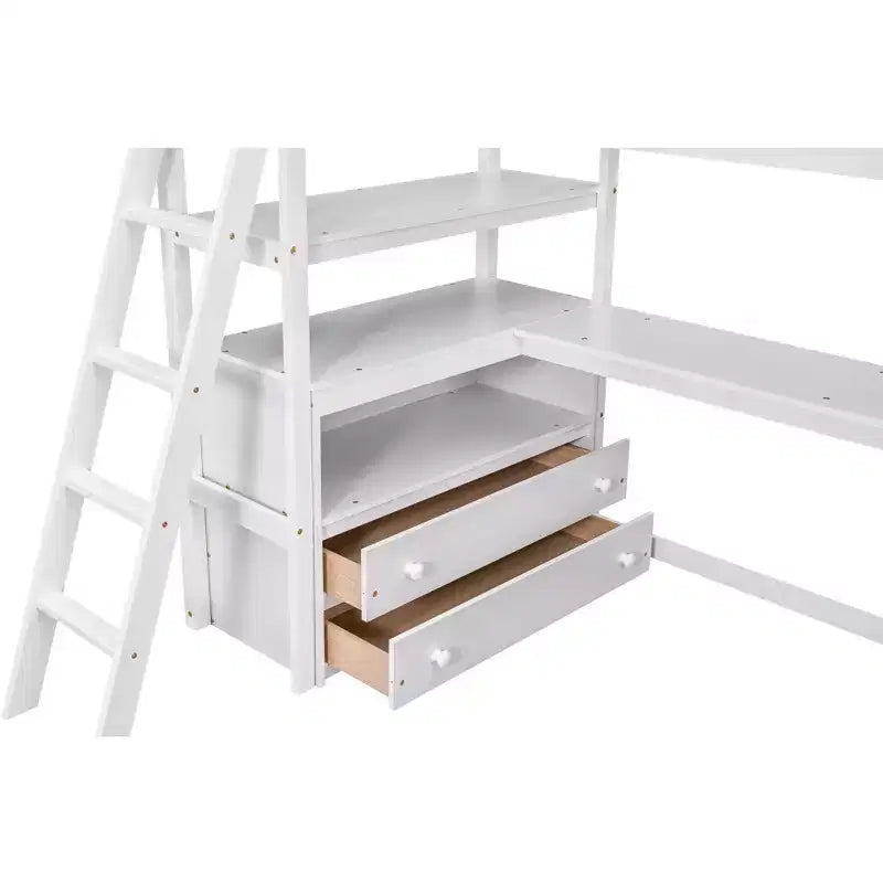Lit mezzanine double/grand format avec bureau et étagères, cadre de lit mezzanine en pin avec deux tiroirs intégrés