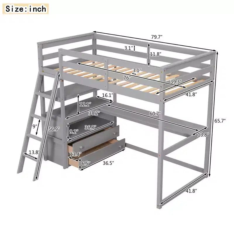 Lit mezzanine double/grand format avec bureau et étagères, cadre de lit mezzanine en pin avec deux tiroirs intégrés