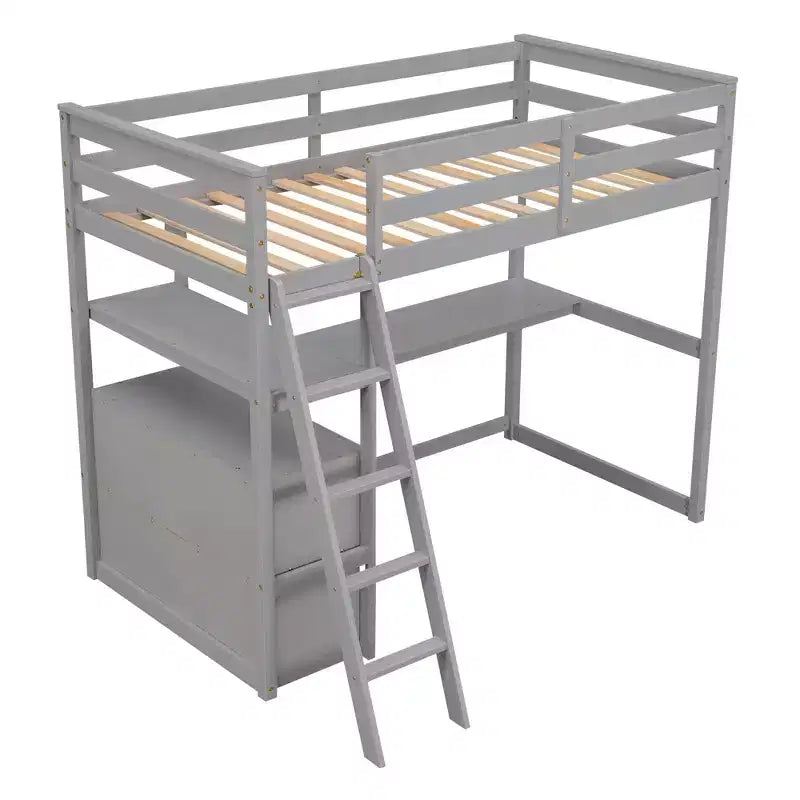 Lit mezzanine double/grand format avec bureau et étagères, cadre de lit mezzanine en pin avec deux tiroirs intégrés