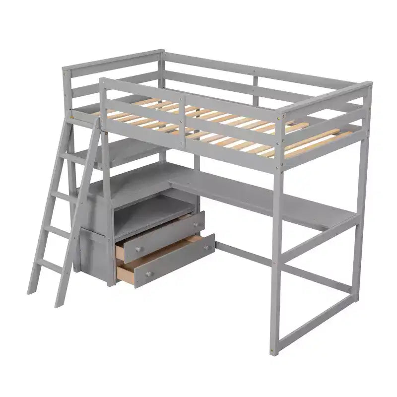 Lit mezzanine double/grand format avec bureau et étagères, cadre de lit mezzanine en pin avec deux tiroirs intégrés