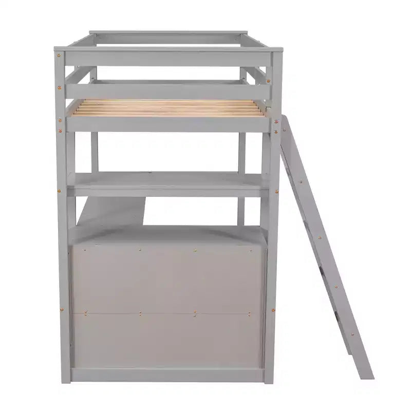 Lit mezzanine double/grand format avec bureau et étagères, cadre de lit mezzanine en pin avec deux tiroirs intégrés