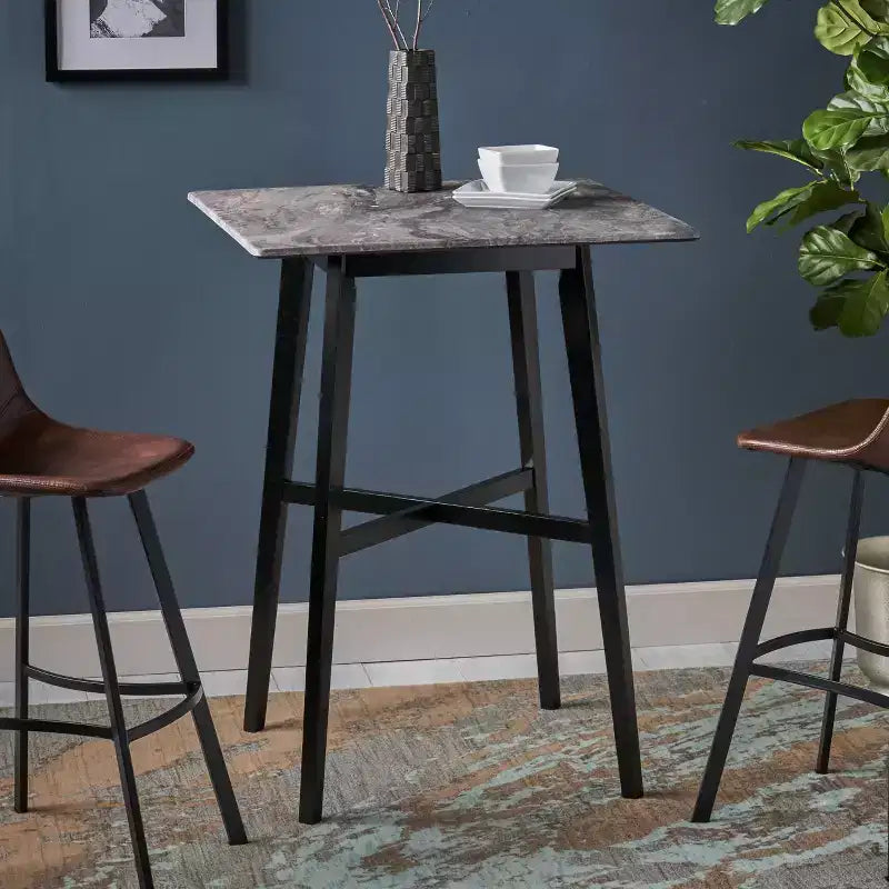 Table de bar carrée 42 en stratifié moderne et bois d'hévéa