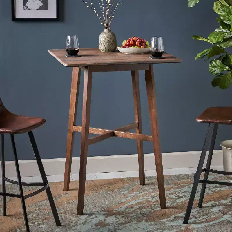 Table de bar carrée 42 en stratifié moderne et bois d'hévéa