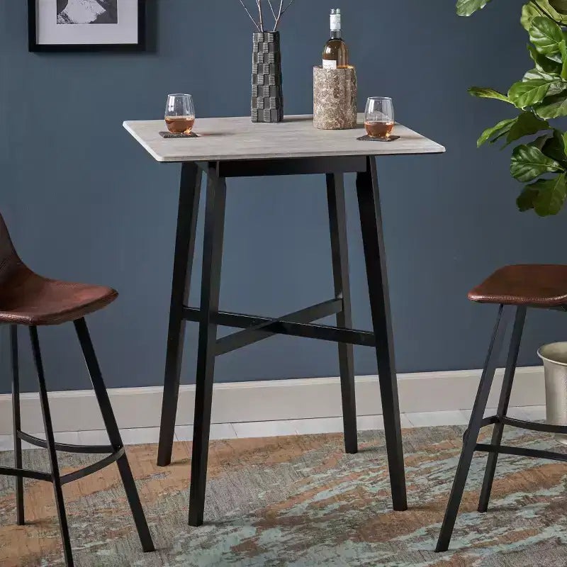 Table de bar carrée 42 en stratifié moderne et bois d'hévéa