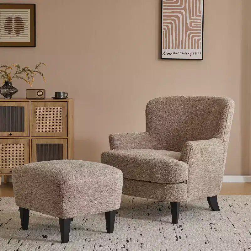 Fauteuil club et ottoman contemporains rembourrés en bouclette
