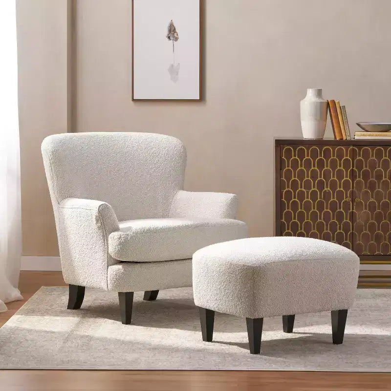 Fauteuil club et ottoman contemporains rembourrés en bouclette