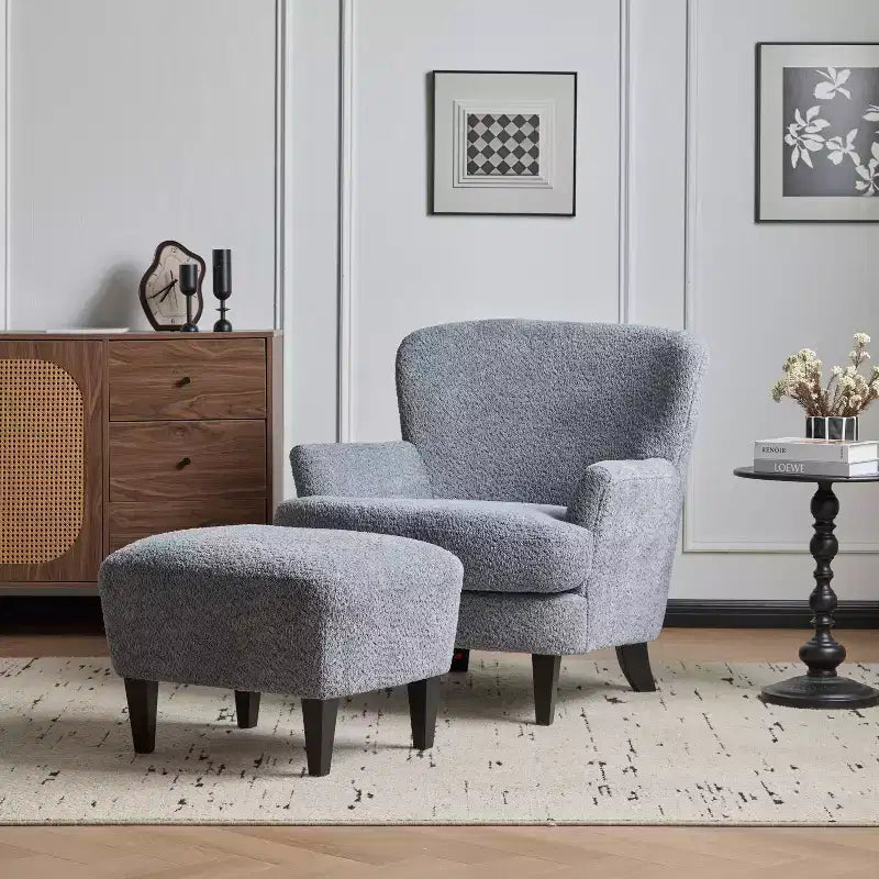 Fauteuil club et ottoman contemporains rembourrés en bouclette