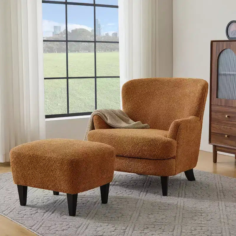 Fauteuil club et ottoman contemporains rembourrés en bouclette