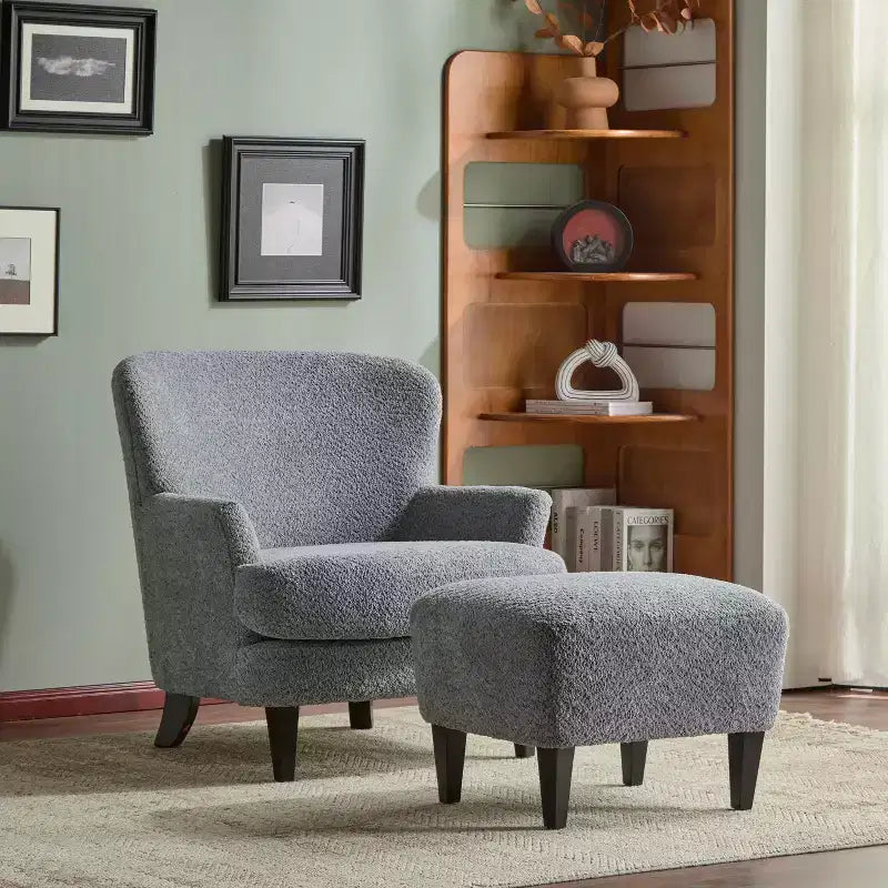 Fauteuil club et ottoman contemporains rembourrés en bouclette