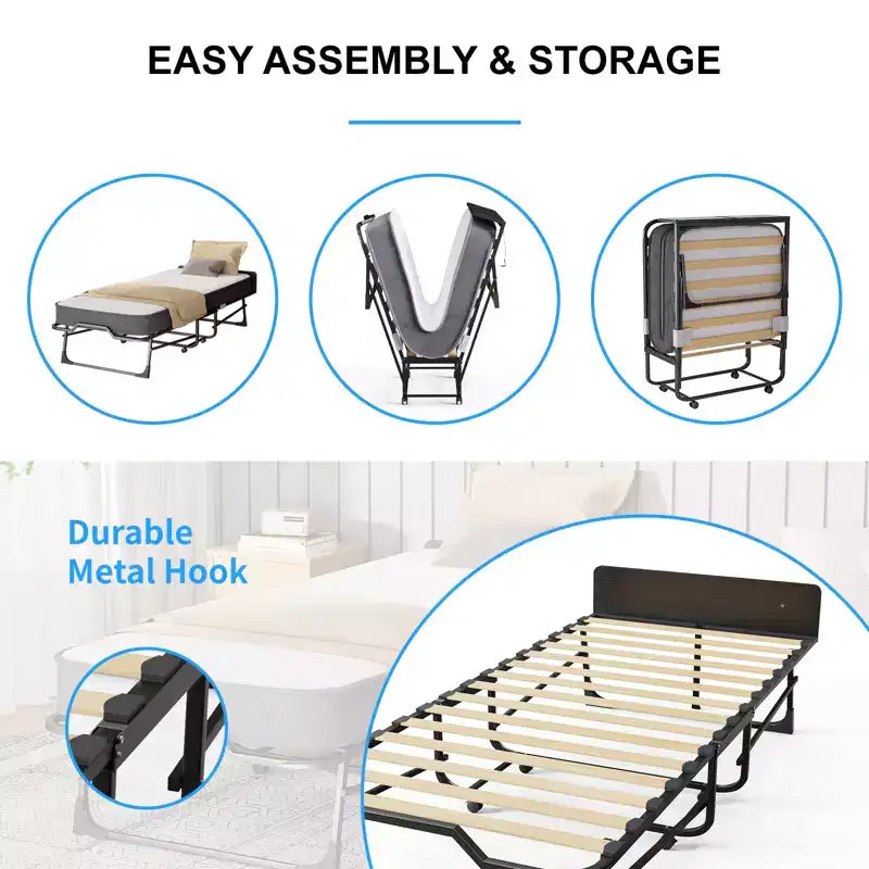 Lit pliant adulte avec matelas en mousse à mémoire de forme et lattes en bois, avec housse anti-poussière, 75*32