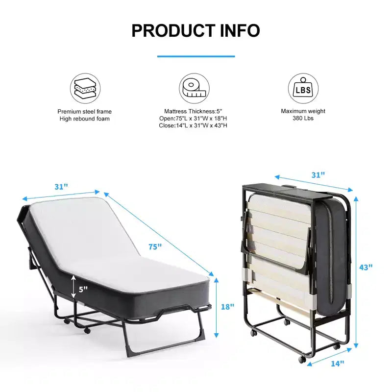 Lit pliant adulte avec matelas en mousse à mémoire de forme et lattes en bois, avec housse anti-poussière, 75*32