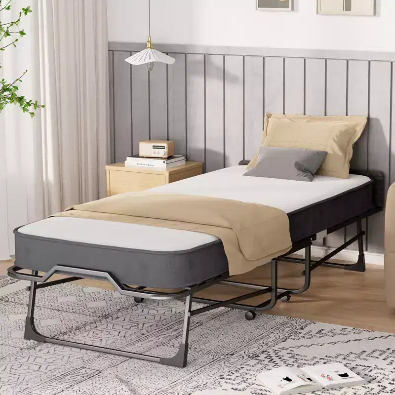 Lit pliant adulte avec matelas en mousse à mémoire de forme et lattes en bois, avec housse anti-poussière, 75*32