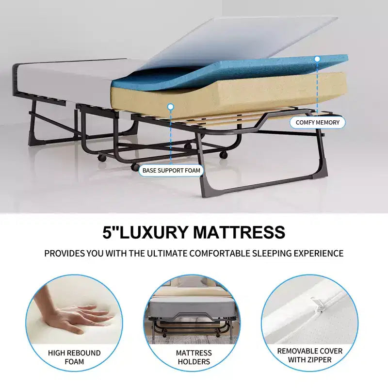 Lit pliant adulte avec matelas en mousse à mémoire de forme et lattes en bois, avec housse anti-poussière, 75*32