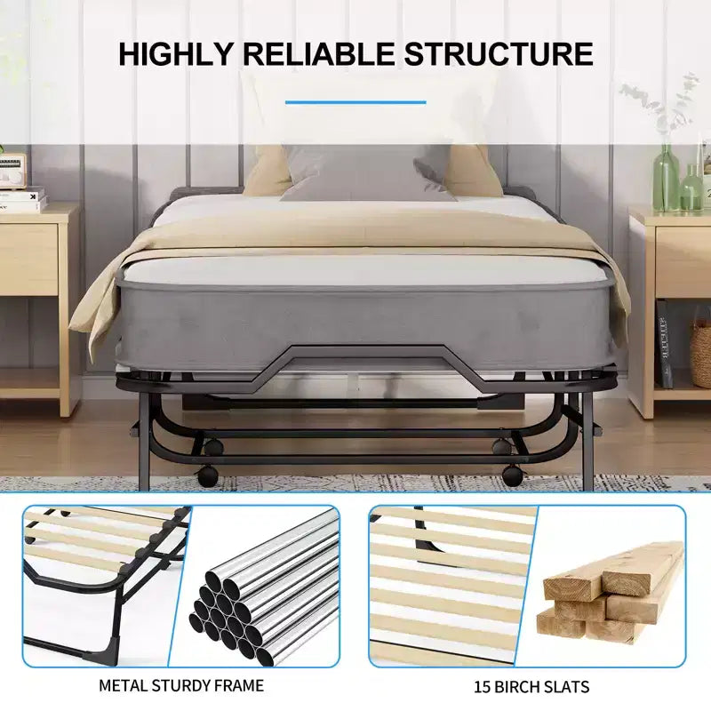 Lit pliant adulte avec matelas en mousse à mémoire de forme et lattes en bois, avec housse anti-poussière, 75*32