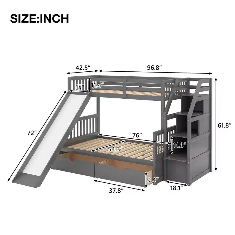 Lit superposé simple sur double avec tiroirs, rangements et toboggan, multifonctionnel