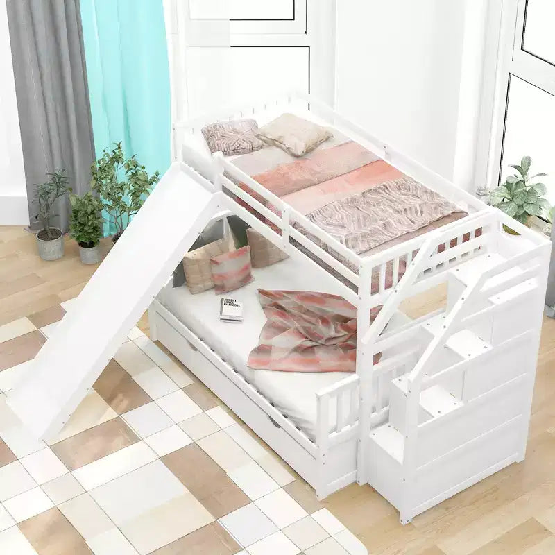 Lit superposé simple sur double avec tiroirs, rangements et toboggan, multifonctionnel