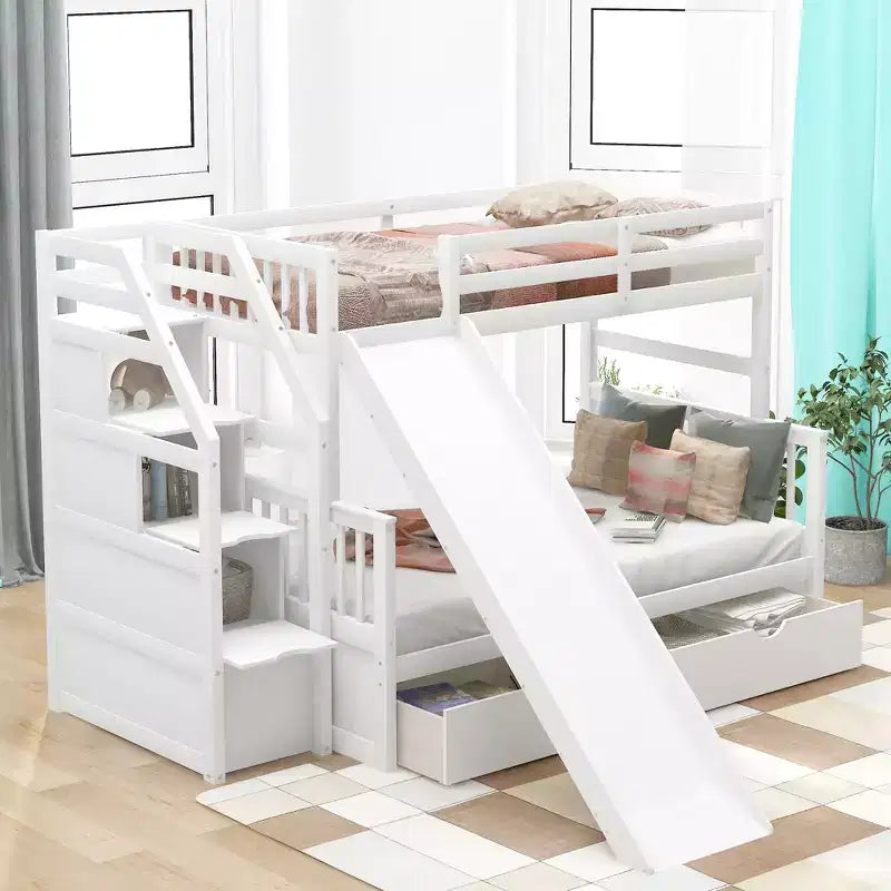Lit superposé simple sur double avec tiroirs, rangements et toboggan, multifonctionnel