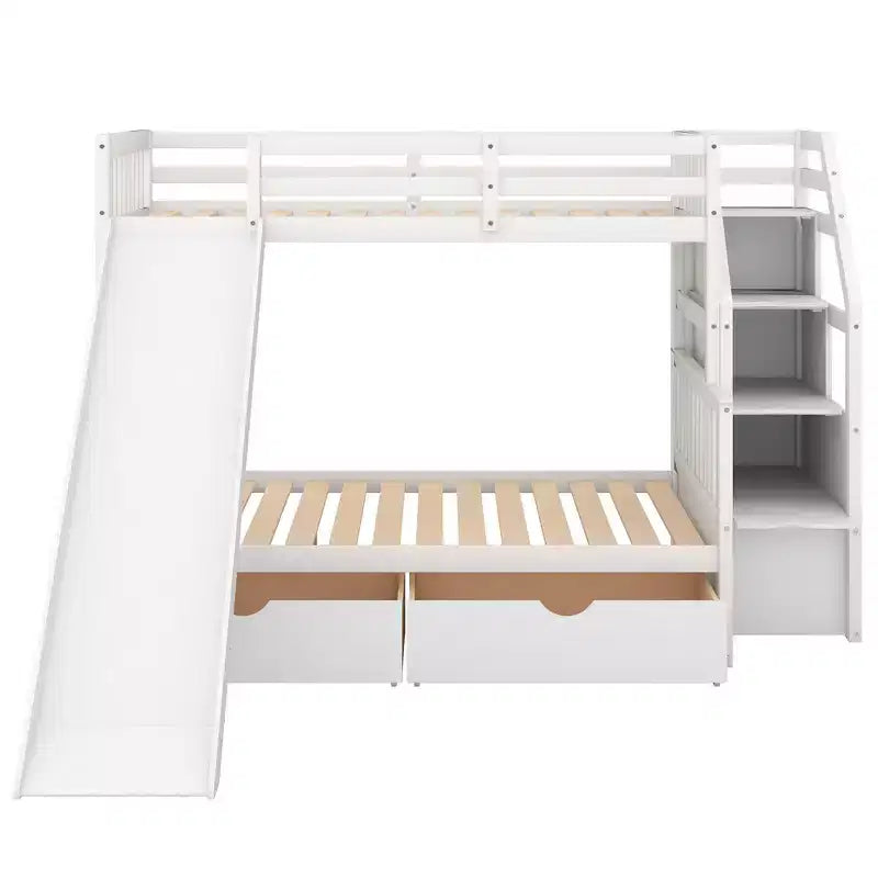 Lit superposé simple sur double avec tiroirs, rangements et toboggan, multifonctionnel
