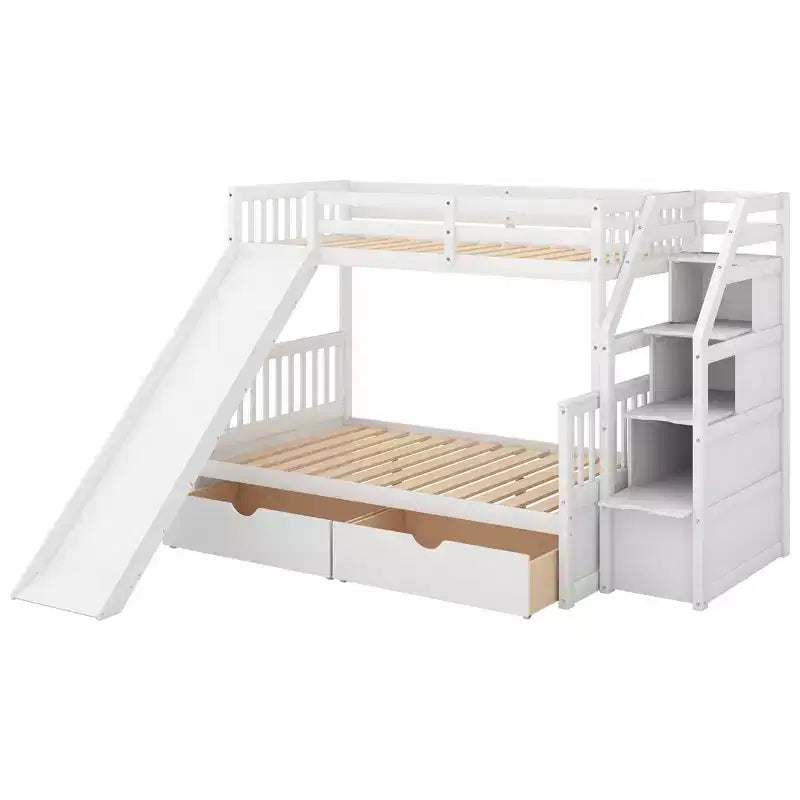 Lit superposé simple sur double avec tiroirs, rangements et toboggan, multifonctionnel