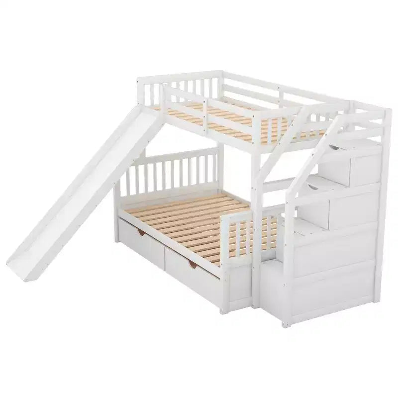 Lit superposé simple sur double avec tiroirs, rangements et toboggan, multifonctionnel
