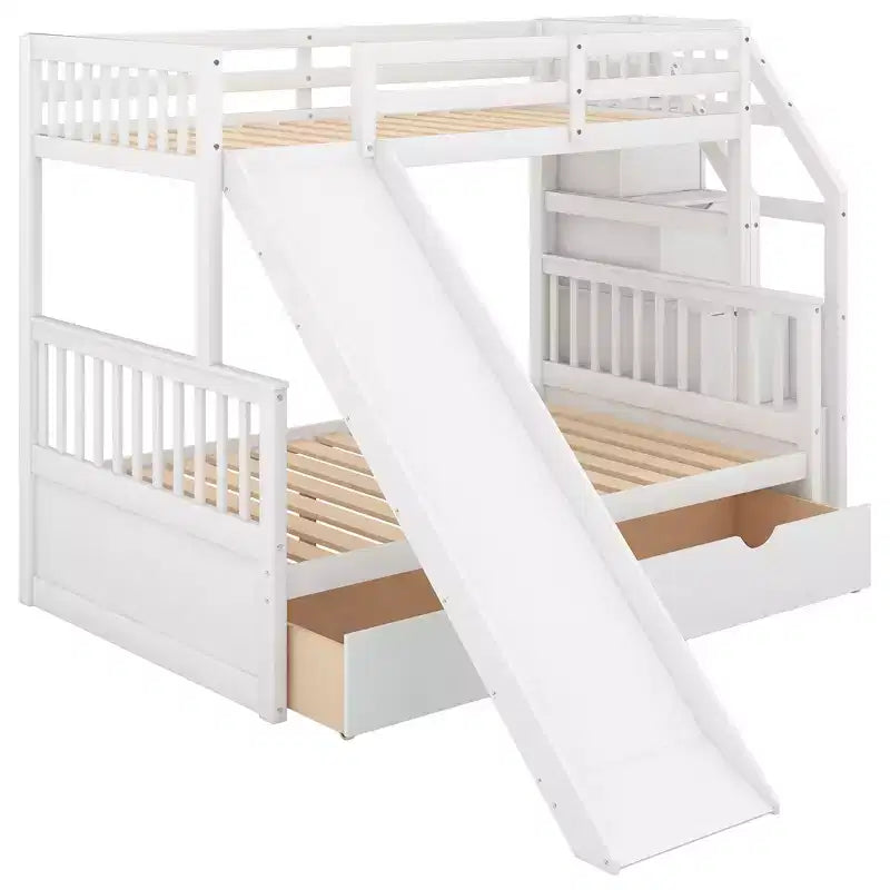 Lit superposé simple sur double avec tiroirs, rangements et toboggan, multifonctionnel