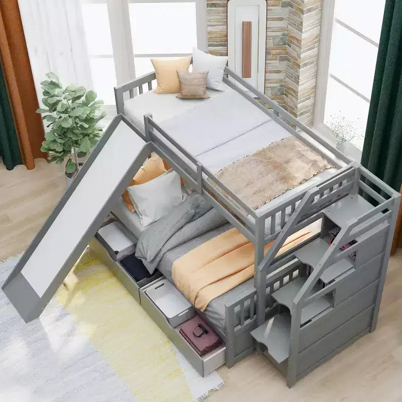 Lit superposé simple sur double avec tiroirs, rangements et toboggan, multifonctionnel