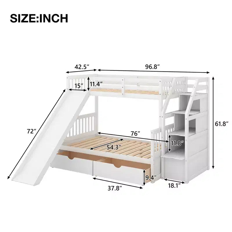 Lit superposé simple sur double avec tiroirs, rangements et toboggan, multifonctionnel