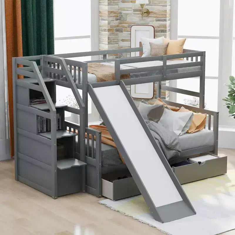 Lit superposé simple sur double avec tiroirs, rangements et toboggan, multifonctionnel