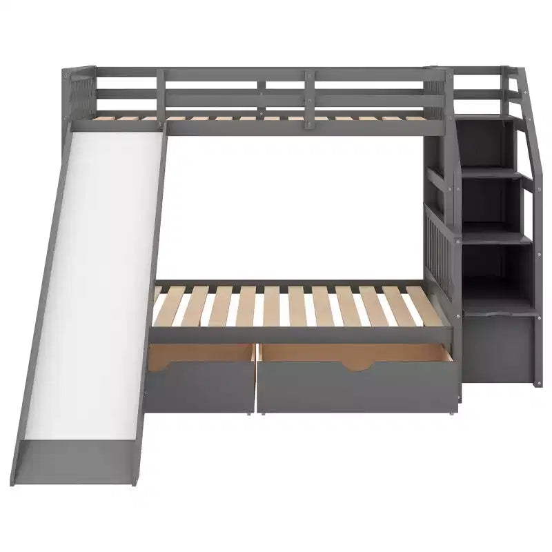 Lit superposé simple sur double avec tiroirs, rangements et toboggan, multifonctionnel