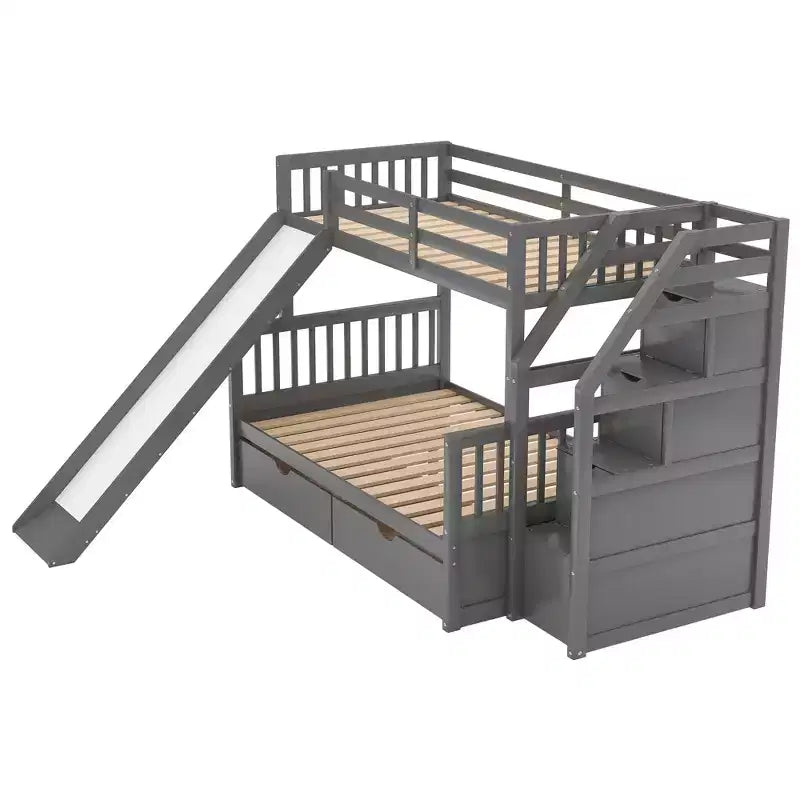 Lit superposé simple sur double avec tiroirs, rangements et toboggan, multifonctionnel