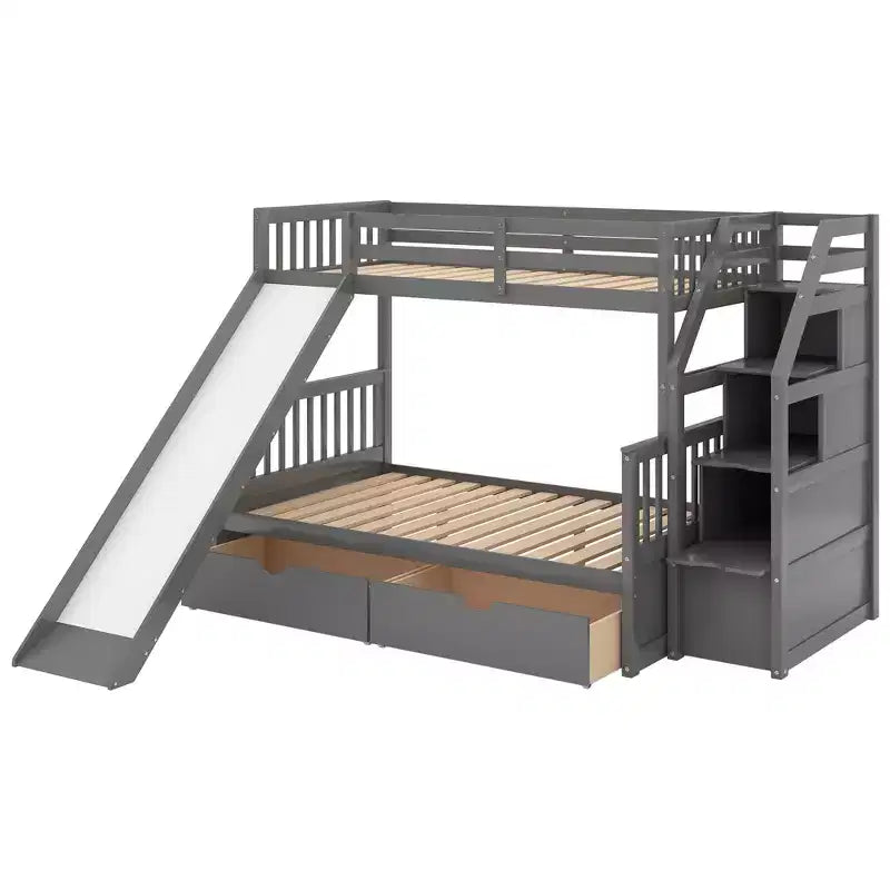 Lit superposé simple sur double avec tiroirs, rangements et toboggan, multifonctionnel