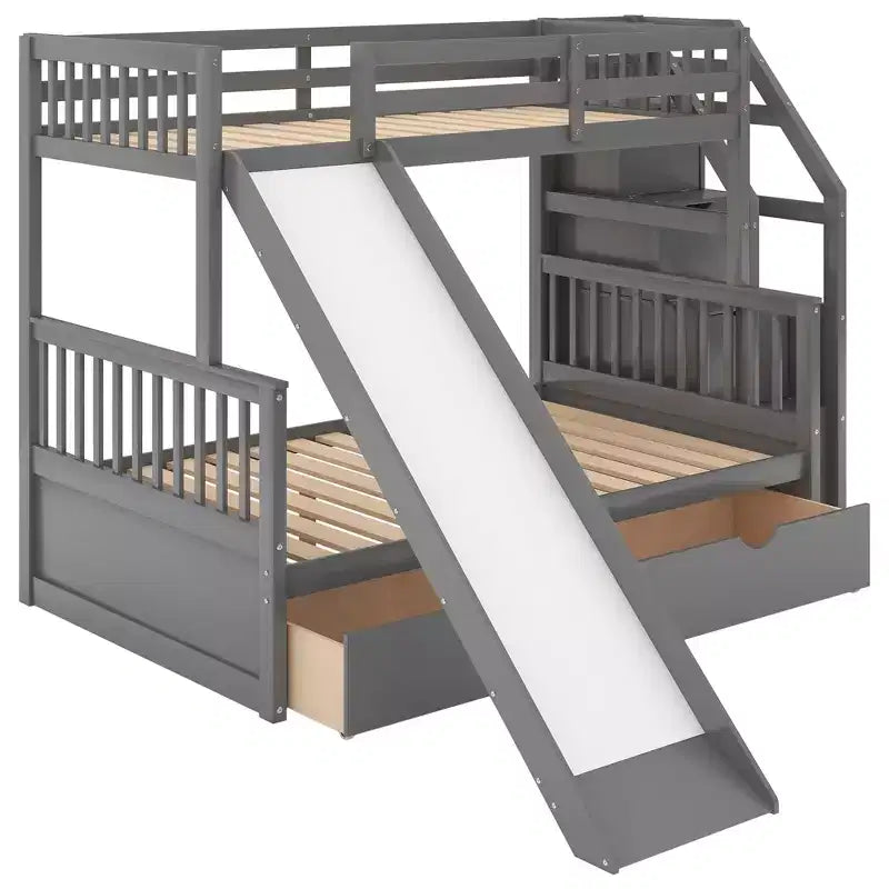 Lit superposé simple sur double avec tiroirs, rangements et toboggan, multifonctionnel