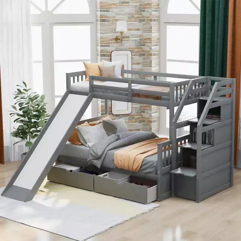 Whisen Twin over Full Bunk Bed with Drawers, Storage and Slide, Multifunction