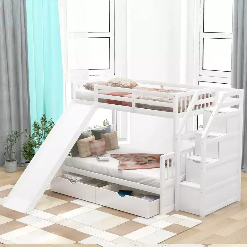 Lit superposé simple sur double avec tiroirs, rangements et toboggan, multifonctionnel