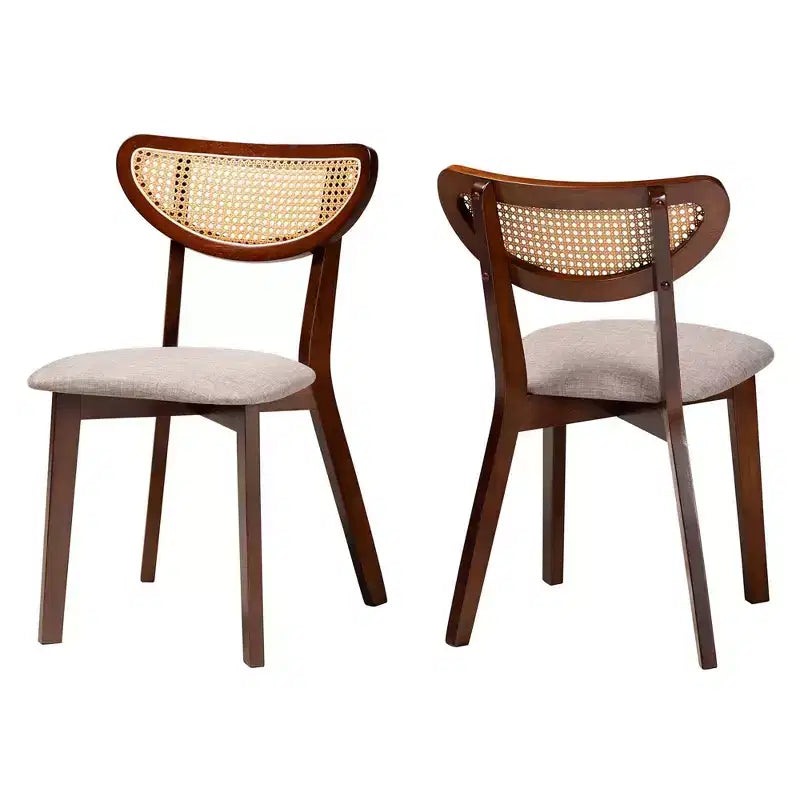Chaises de salle à manger en tissu et bois gris/noyer marron/marron clair : mi-siècle, détails en rotin, coussin en mousse