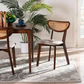 Chaises de salle à manger en tissu et bois gris/noyer marron/marron clair : mi-siècle, détails en rotin, coussin en mousse