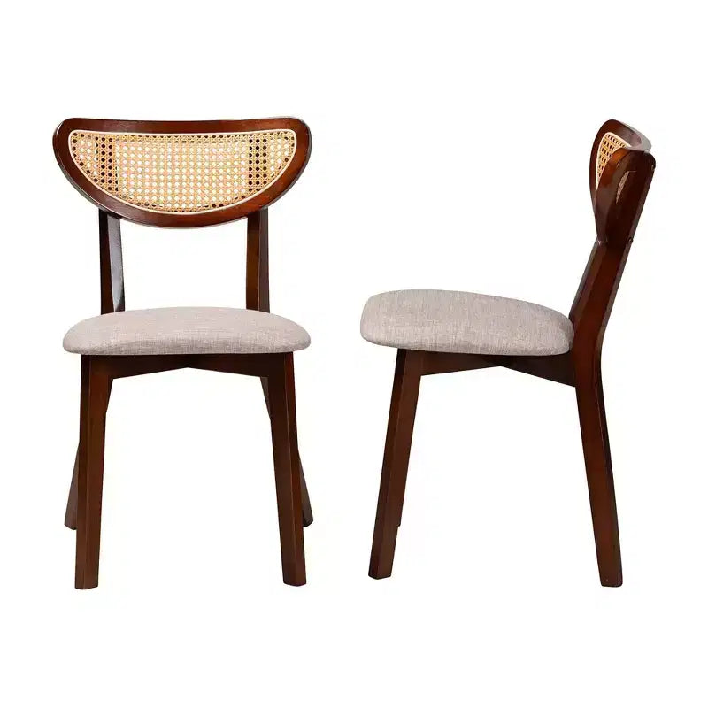 Chaises de salle à manger en tissu et bois gris/noyer marron/marron clair : mi-siècle, détails en rotin, coussin en mousse