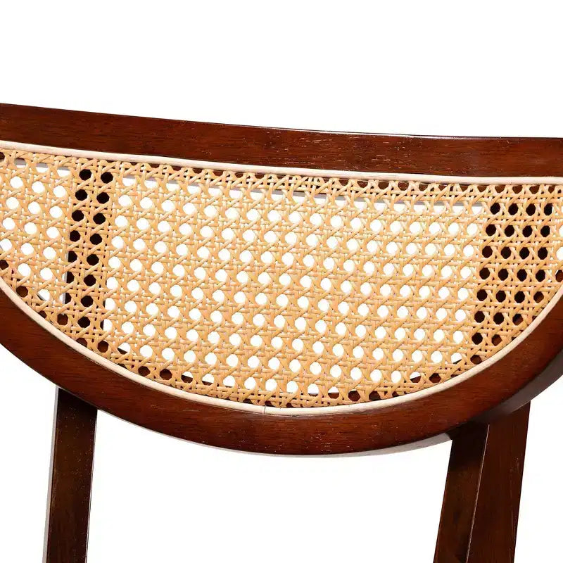 Chaises de salle à manger en tissu et bois gris/noyer marron/marron clair : mi-siècle, détails en rotin, coussin en mousse