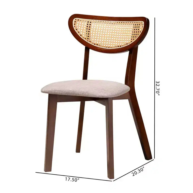 Chaises de salle à manger en tissu et bois gris/noyer marron/marron clair : mi-siècle, détails en rotin, coussin en mousse
