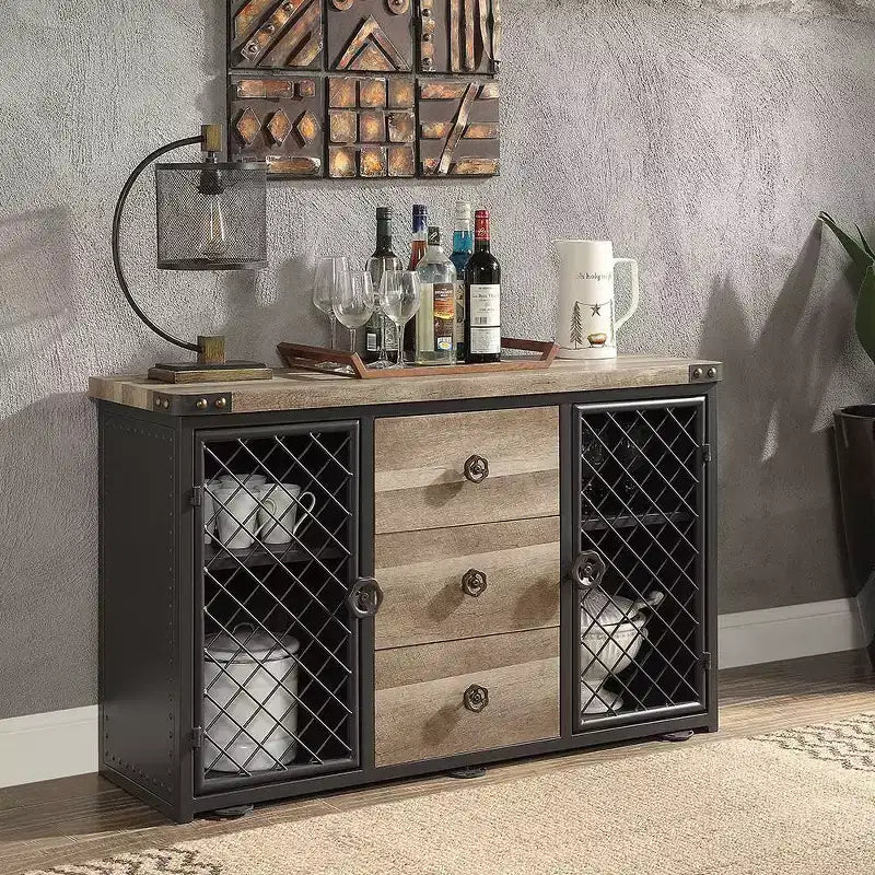 Meubles de cuisine et de salle à manger Chêne et Noir Sablé - : Buffet avec cadre métallique, surface en MDF