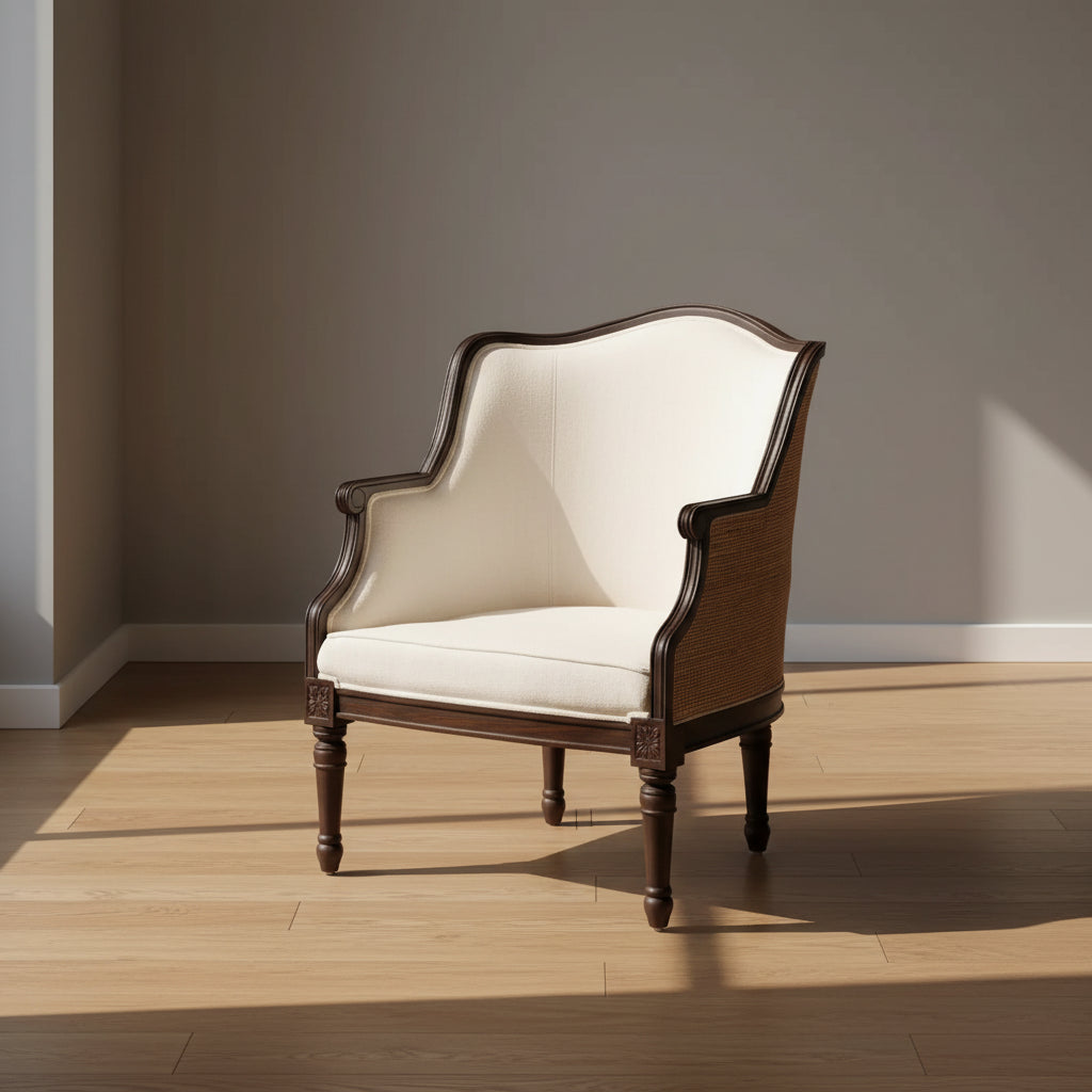 Chaise d'appoint bali & pari en tissu et bois beige/marron foncé : revêtement en polyester, cadre en rotin