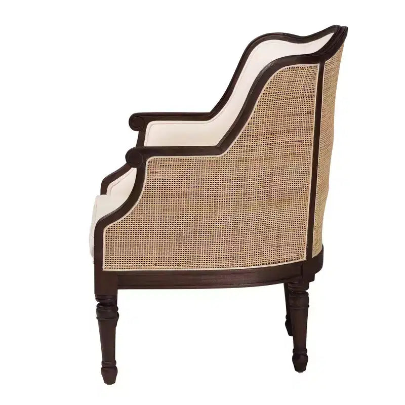 Chaise d'appoint bali & pari en tissu et bois beige/marron foncé : revêtement en polyester, cadre en rotin