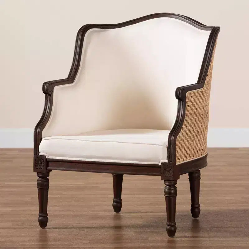 Chaise d'appoint bali & pari en tissu et bois beige/marron foncé : revêtement en polyester, cadre en rotin