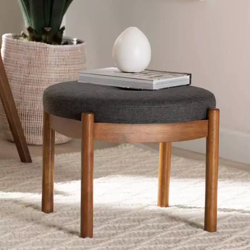 Repose-pieds ottoman en tissu et bois Gris foncé/Noyer